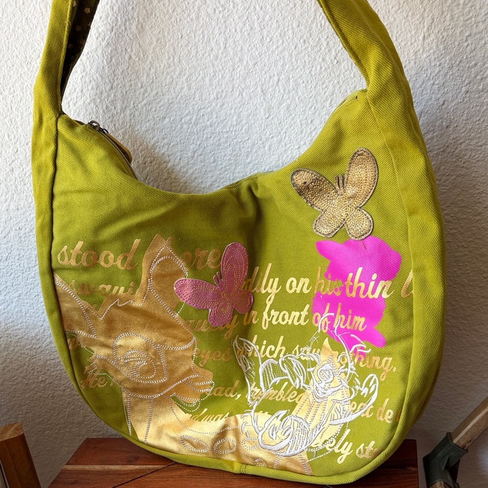 Disney Bambi Green Canvas Hobo Bag with Butterfly Appliqués